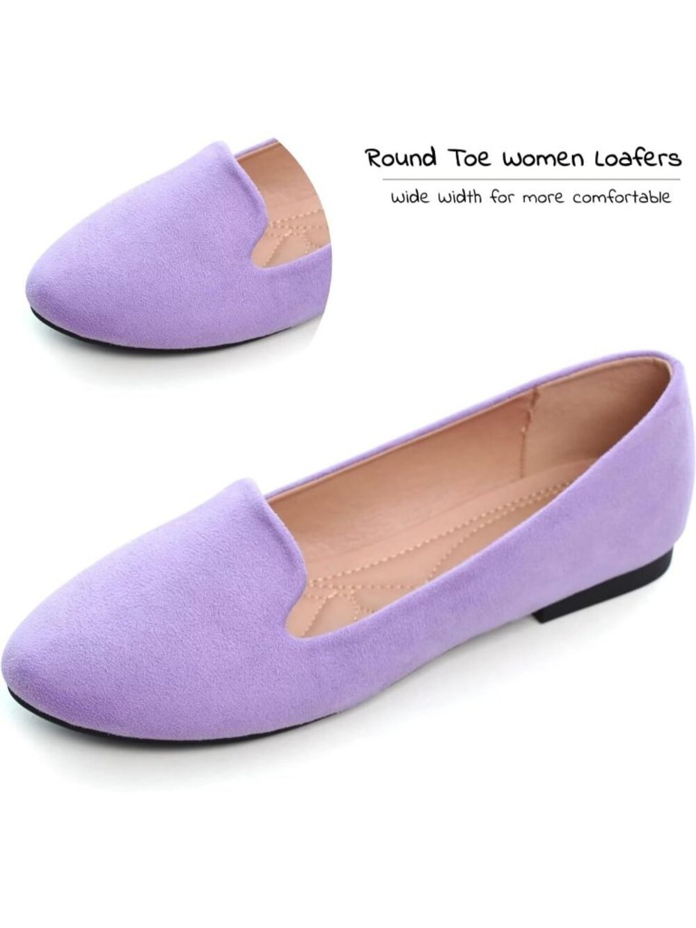 Women's Round Toe Light Purple Suede Comfortable Ballet Flat Slip On Dress Shoes - Picture 3 of 6